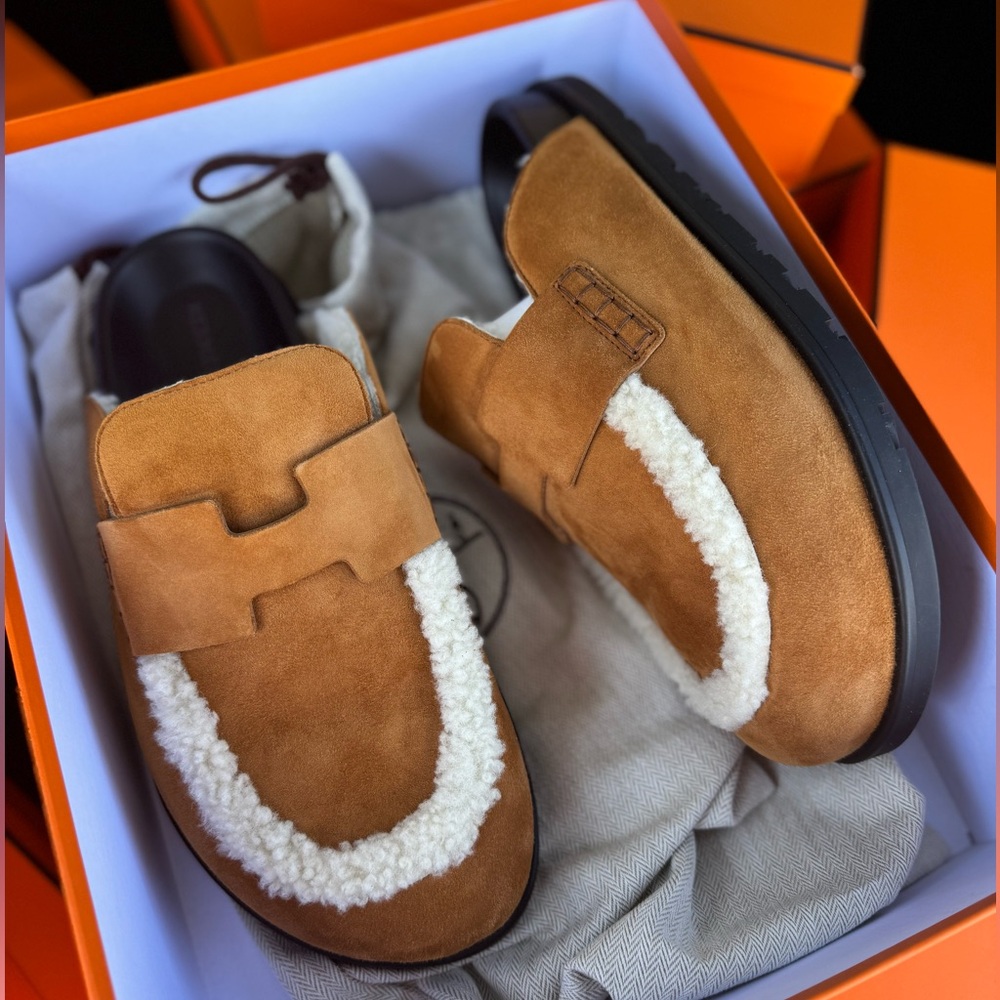 Hermes Tan Suede Shearling-Trim Mules